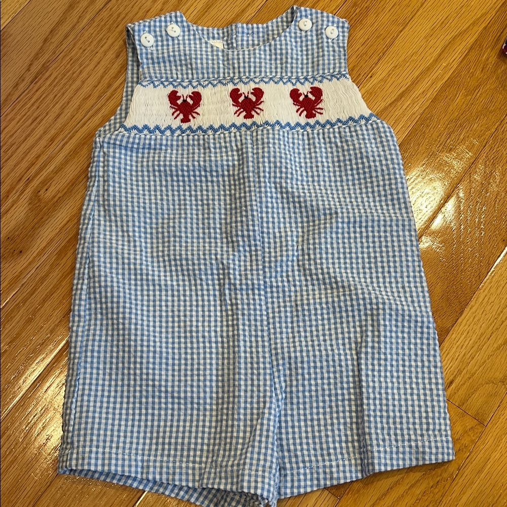 Blue Gingham Baby Romper with Red Lobster Smocking